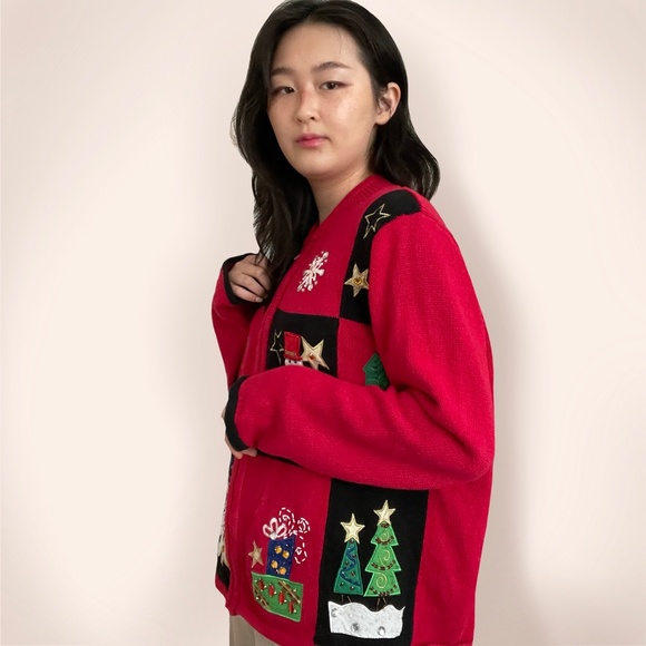 Vintage ugly xmas sweater with sequined snowmen, snowflakes, trees, reindeer, & - Picture 2 of 4